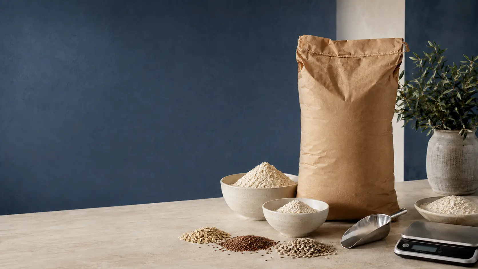 Harinas, semillas, un saco y una báscula para formular mezclas panaderas
